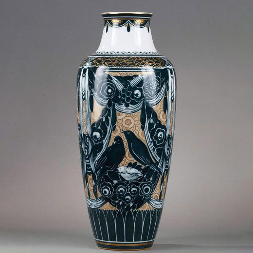 独角鹿西洋古董赛弗尔瓷器Alencon器形画师手绘雀鸟主题瓷瓶 商品图0
