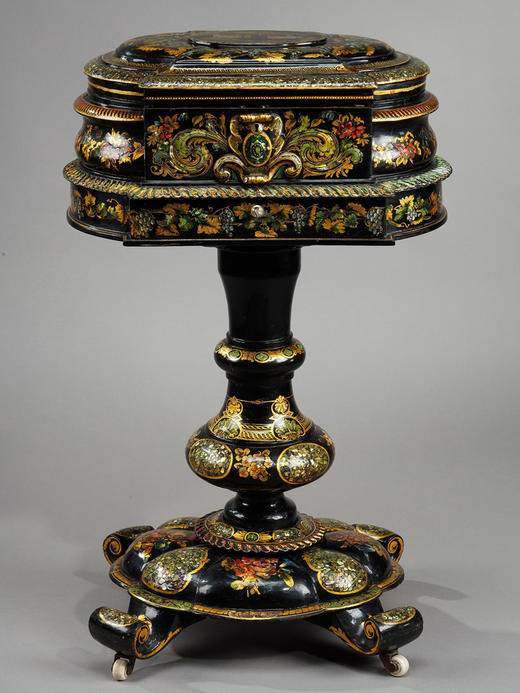 独角鹿西洋古董法国描金手绘漆木镶嵌母贝椭圆多功能桌配缝纫套件 商品图0