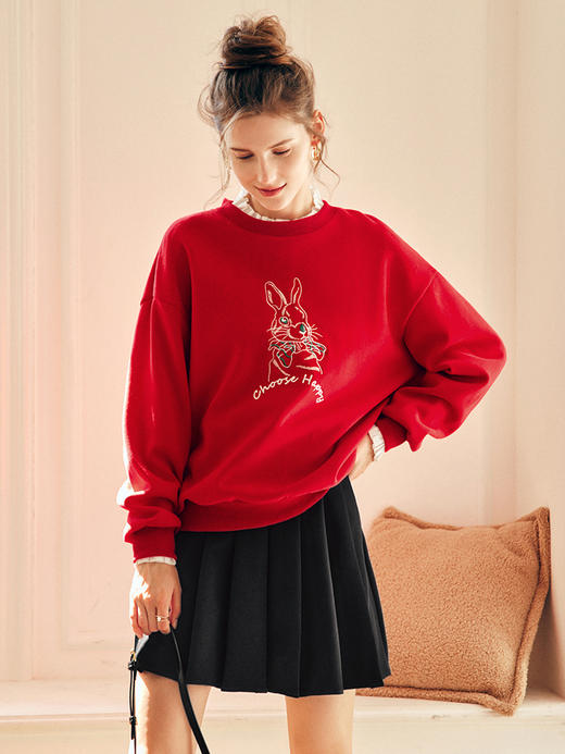 OLrain欧芮儿法式红色加绒卫衣女春季2025年新款宽松刺绣套头上衣 商品图3