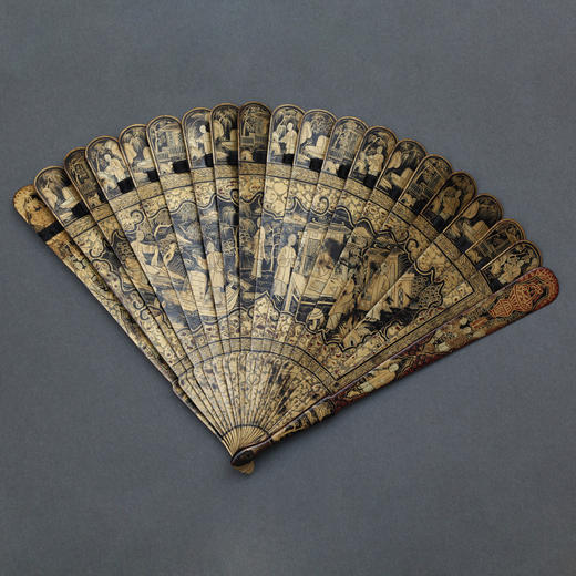 独角鹿西洋古董1900年代中国出品黑漆扇面折扇 商品图0
