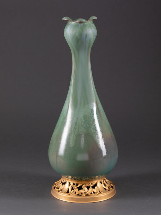 独角鹿西洋古董1900年代欧洲新艺术风格铜鎏金底座绿色紫光花瓶 商品图1