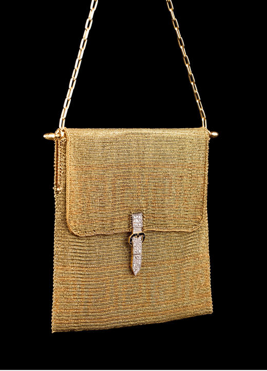 独角鹿西洋古董18K金黄金锁子甲编织希腊回字纹镶钻石女士晚宴包 商品图1