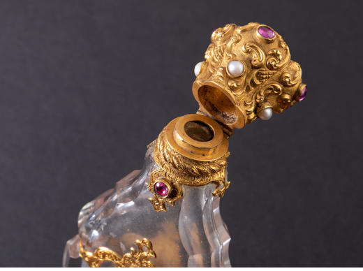 独角鹿西洋古董18K金雕饰镶嵌红宝石珍珠天然水晶香水瓶 商品图2