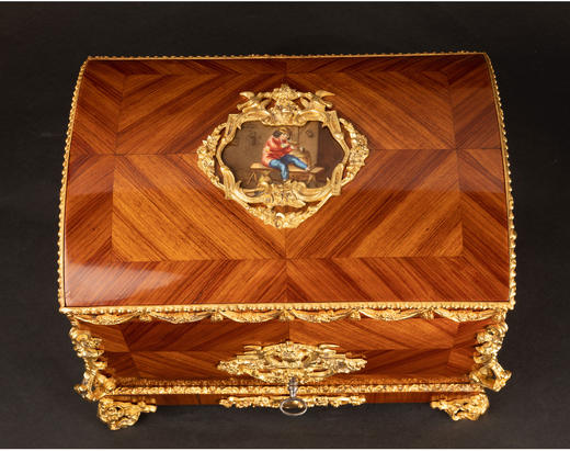 独角鹿西洋古董法国拿破仑三世时细木镶嵌人物陶瓷饰片雪茄收纳盒 商品图3