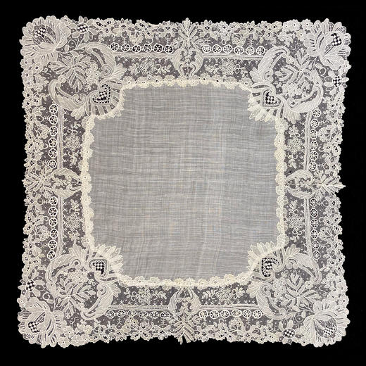 独角鹿西洋古董19世纪末欧洲出品芙蓉盛放主题手工蕾丝方巾手帕 商品图0