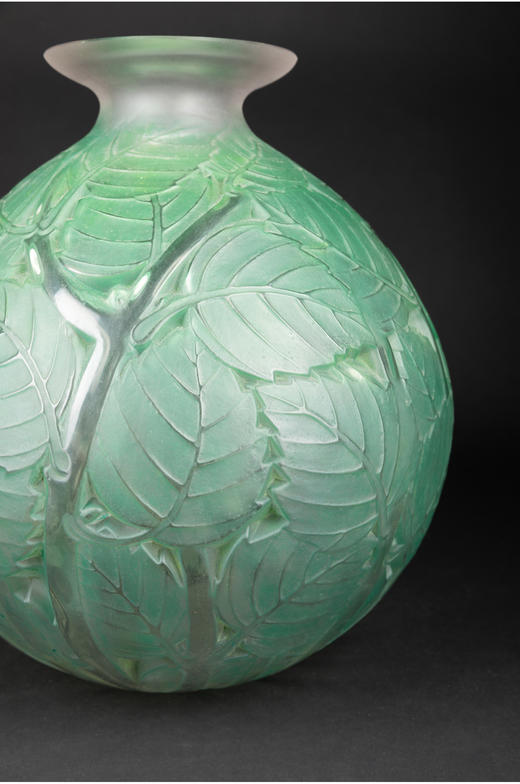 独角鹿西洋古董摆件法国LALIQUE莱俪MILAN叶纹款绿色欧泊水晶花瓶 商品图3