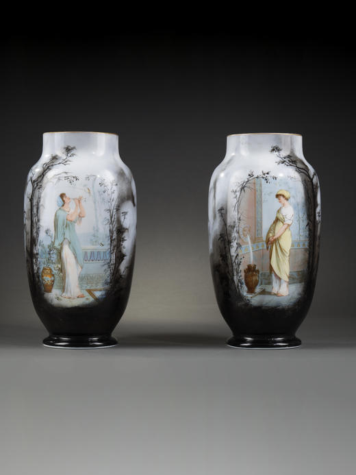 独角鹿西洋古董瓷器法国出品新艺术风格少女主题欧珀水晶花瓶一对 商品图0