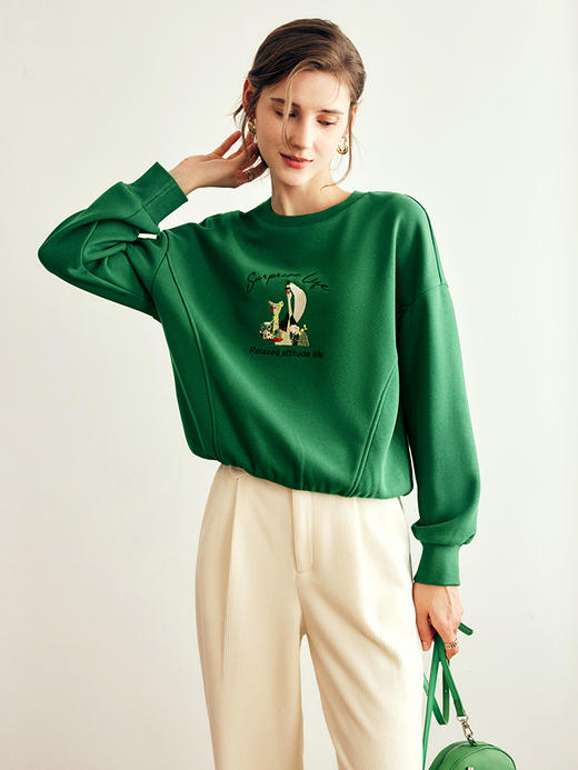 OLrain欧芮儿法式加绒圆领卫衣女秋冬2022新款宽松刺绣华夫格上衣 商品图1