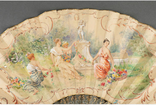 独角鹿西洋古董法国Ameile Guihem镂雕母贝扇骨手绘美人折扇  商品图2