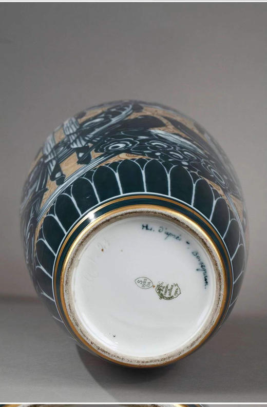 独角鹿西洋古董赛弗尔瓷器Alencon器形画师手绘雀鸟主题瓷瓶 商品图3