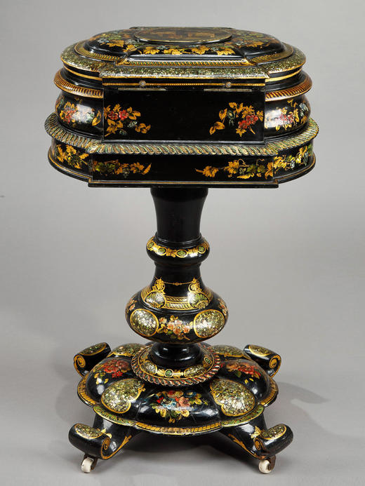 独角鹿西洋古董法国描金手绘漆木镶嵌母贝椭圆多功能桌配缝纫套件 商品图4