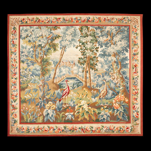 独角鹿西洋古董20世纪法国Aubusson郊林瑞鹤主题羊毛丝绸挂毯 商品图0