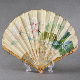 独角鹿西洋古董Duvelleroy工坊玫瑰手绘真丝面镂雕牛角球形折扇