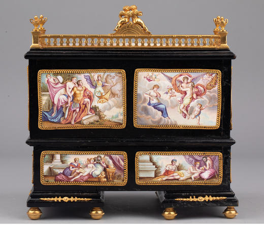 独角鹿西洋古董法国铜鎏金神祇手绘珐琅微缩抽屉翻盖橱桌式音乐盒 商品图2