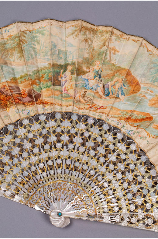 独角鹿西洋古董欧洲手绘纸面扇面绿松石描金雕刻母贝扇骨古董折扇 商品图3