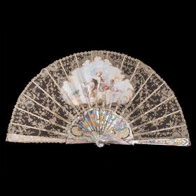 独角鹿西洋古董法国duvelleroy小牛皮蕾丝画师彩绘母贝扇骨折扇