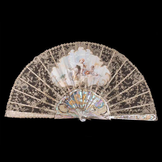 独角鹿西洋古董法国duvelleroy小牛皮蕾丝画师彩绘母贝扇骨折扇 商品图0
