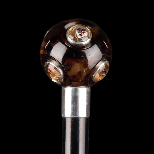 独角鹿西洋古董英国彩绘细密画装饰水晶球形杖柄黑漆硬木杖身手杖 商品图0