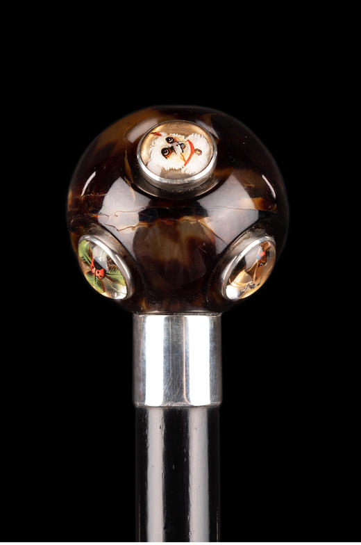 独角鹿西洋古董英国彩绘细密画装饰水晶球形杖柄黑漆硬木杖身手杖 商品图1