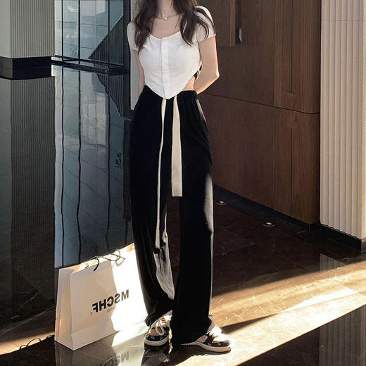 黑色阔腿裤女春夏季新款宽松显瘦抽绳休闲长裤运动高腰直筒拖地裤 商品图1
