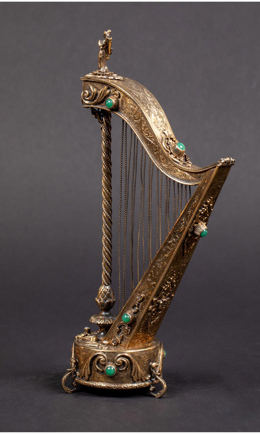 独角鹿西洋古董瑞士18弦竖琴造型雕刻纯银镀金嵌绿色玛瑙音乐盒 商品图1