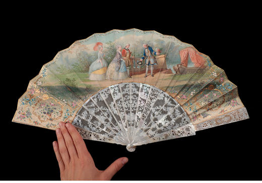 独角鹿西洋古董路易十五风宫廷贵族人物手绘纸质扇面镂雕母贝折扇 商品图1
