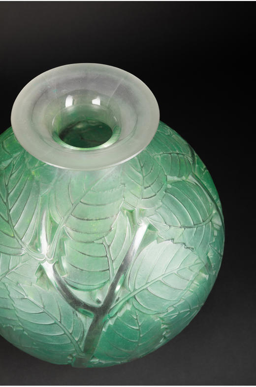 独角鹿西洋古董摆件法国LALIQUE莱俪MILAN叶纹款绿色欧泊水晶花瓶 商品图4