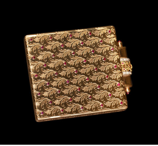 独角鹿西洋古董法国宝诗龙18K金花叶纹镶红宝石钻石化妆盒化妆镜 商品图3