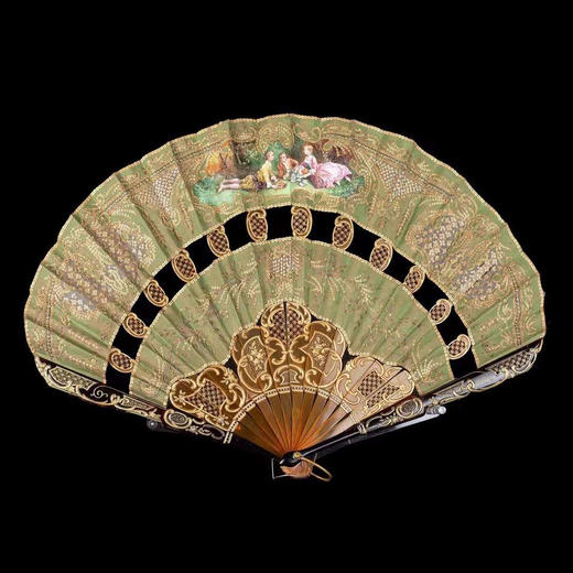 独角鹿西洋古董法国巴黎工坊画师签名丝绸彩绘双层扇面球形折扇 商品图0