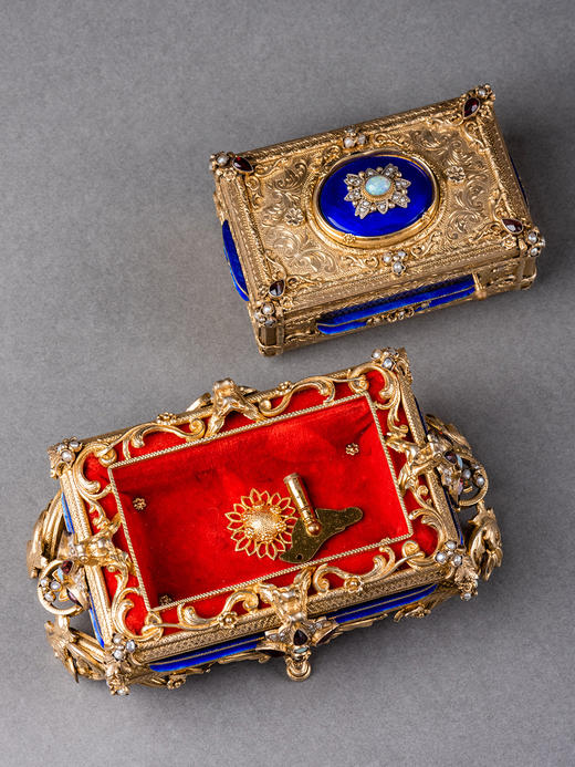 独角鹿西洋古董德国工坊银鎏金镶天然珍珠宝石珐琅双层鸣鸟八音盒 商品图4