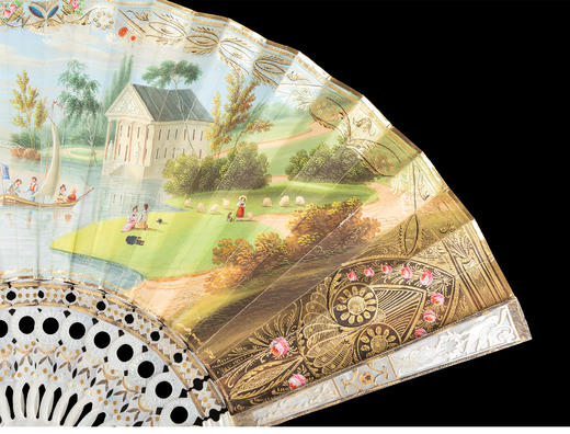 独角鹿西洋古董欧洲乡野美景手绘扇面描金镂雕母贝扇骨折扇   商品图2