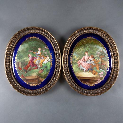 独角鹿西洋古董墙壁挂饰塞弗尔风格铜鎏金雕饰蓝底瓷画挂饰一对 商品图0