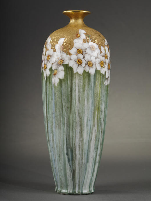 独角鹿西洋古董瓷器1900年代法国出品新艺术风格花卉主题花瓶 商品图0