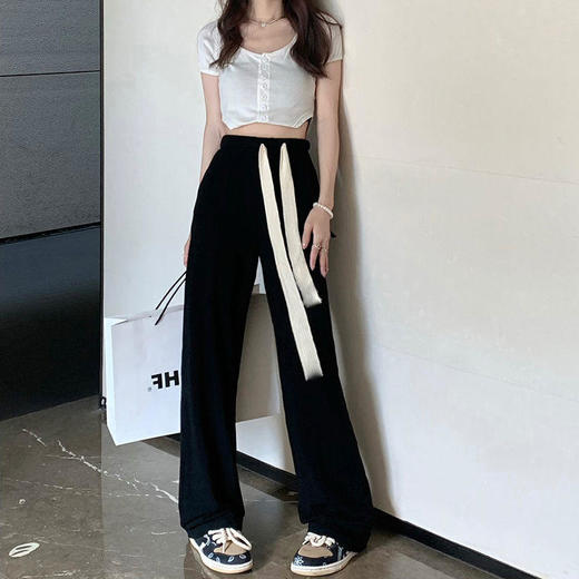 黑色阔腿裤女春夏季新款宽松显瘦抽绳休闲长裤运动高腰直筒拖地裤 商品图0