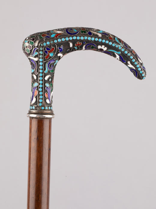 独角鹿西洋古董俄罗斯花叶纹样彩色珐琅银质杖柄硬木杖身古董手杖 商品图1