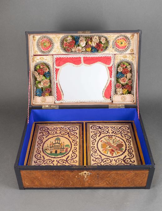 独角鹿西洋古董法国出品铜鎏金银镀金细木镶嵌针线盒缝纫套件 商品图1