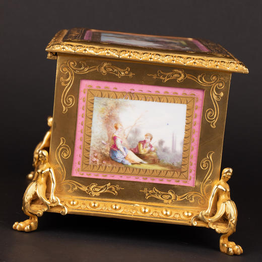 独角鹿西洋古董欧洲乡村场景陶瓷画丝绸内衬银镀金首饰盒珍宝盒 商品图3