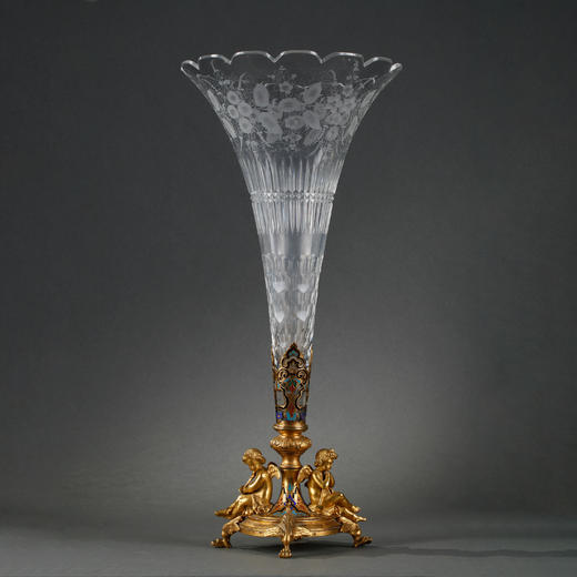 独角鹿西洋古董摆件法国铜鎏金饰錾胎珐琅小天使主题水晶花瓶 商品图0