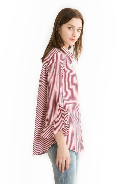Mo&Co.摩安珂 红白条纹荷叶袖衬衫 340 商品图3