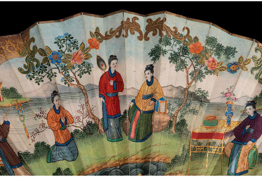 独角鹿西洋古董广东十三行描金漆木扇骨双面手绘庭院风景纸面折扇 商品图3