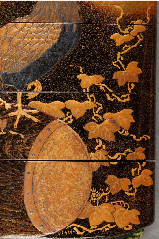 独角鹿西洋古董日本明治时期梶川签名黄杨木根付黑地金漆莳绘印笼 商品图2