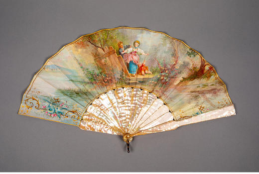 独角鹿西洋古董欧洲画师签名洛可可风格手绘纸面扇面母贝扇骨折扇 商品图1