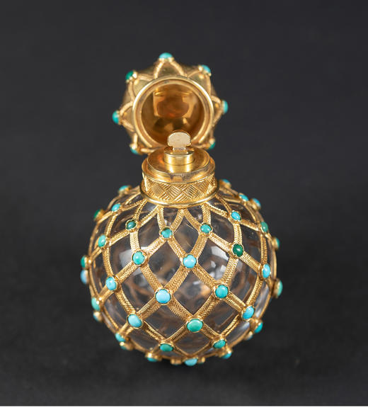 独角鹿西洋古董18k黄金精雕编织纹镶嵌绿松石装饰水晶香水瓶 商品图2