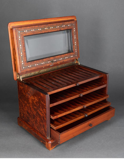 独角鹿西洋古董拿破仑三世时细木镶嵌母贝铜玻璃外壳多层雪茄柜盒 商品图2