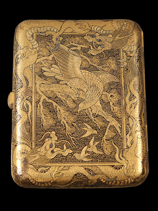 独角鹿西洋古董日本明治时期东方蟠龙与古塔庭园主题布目象嵌烟盒 商品图1