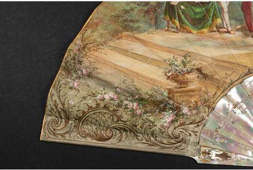 独角鹿西洋古董法国著名画师签名手绘天鹅皮扇面描金母贝扇骨折扇 商品图1