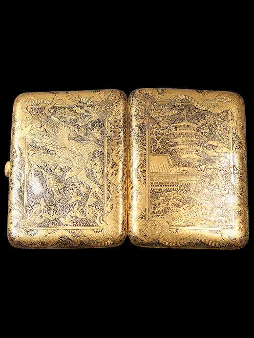 独角鹿西洋古董日本明治时期东方蟠龙与古塔庭园主题布目象嵌烟盒 商品图2