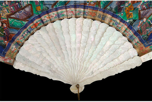 独角鹿西洋古董中国外销贵族定制母贝扇骨手工纸质扇面宫廷景折扇 商品图2