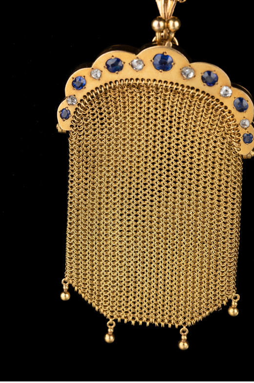 独角鹿西洋古董18K黄金镶嵌钻石蓝宝石配长链珠扣黄金编织零钱包 商品图3