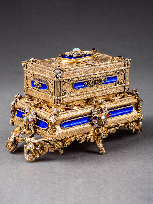 独角鹿西洋古董德国工坊银鎏金镶天然珍珠宝石珐琅双层鸣鸟八音盒 商品图3